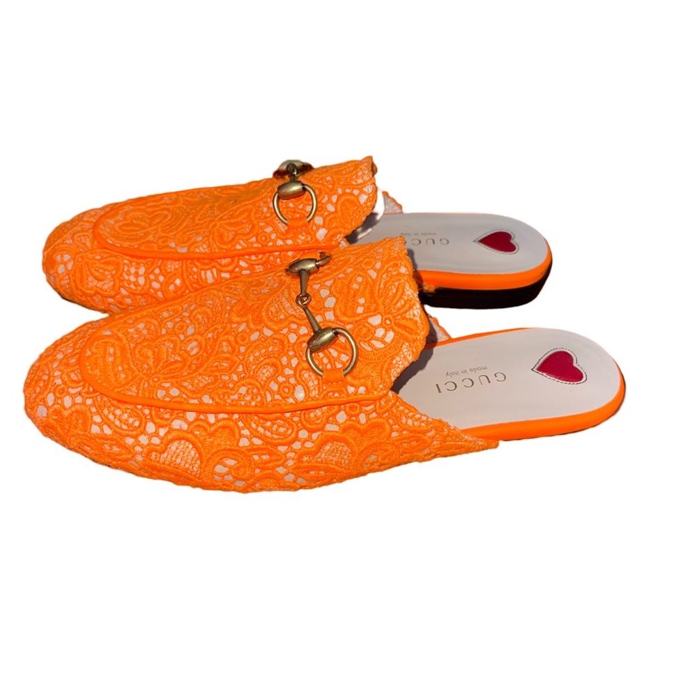NEW Gucci Orange Lace Horsebit Mules